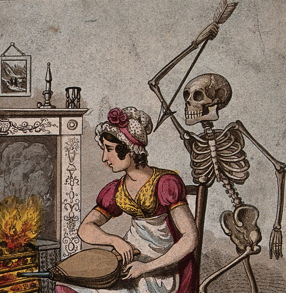 En una caricatura, la muerte acecha detrás de una mujer que se calienta frente a un fuego.